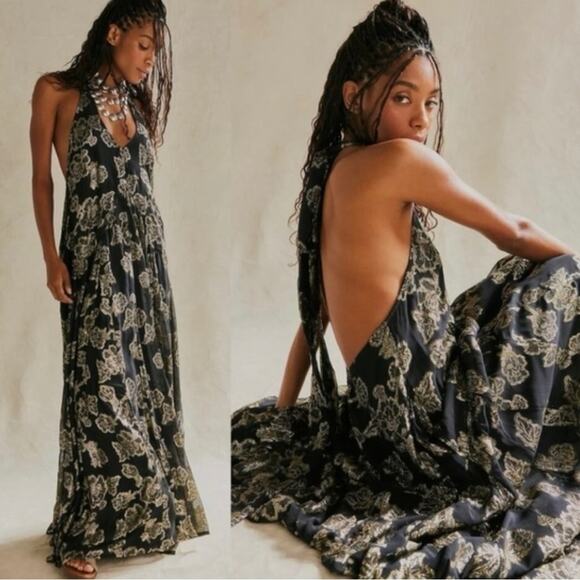 Free People Open Back Maxi Dress Black and Gold Metallic Size Small - Picture 1 of 9